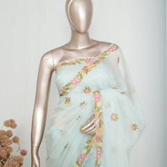 Ice Blue Crushed Organza Saree SAN4341