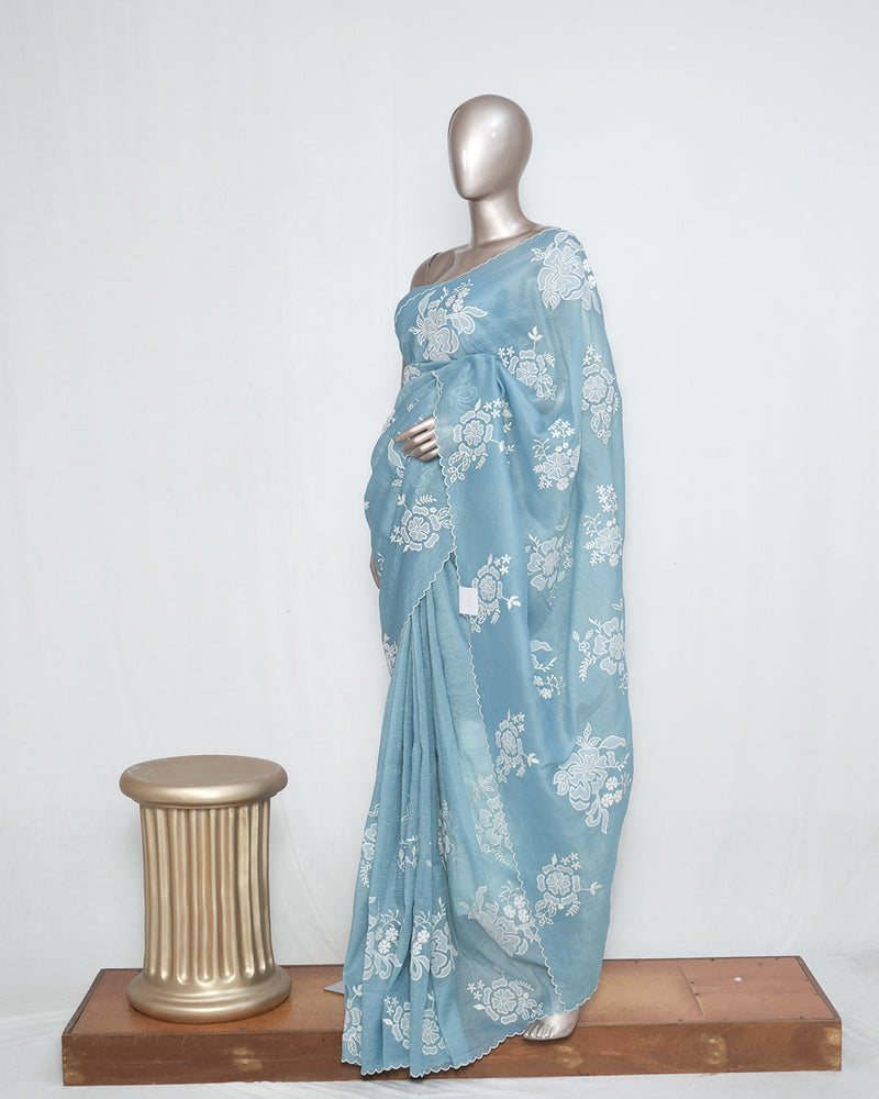 Pastel blue Crushed Organza Saree – Floral Elegance  SAN3990