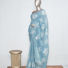 Pastel blue Crushed Organza Saree – Floral Elegance  SAN3990