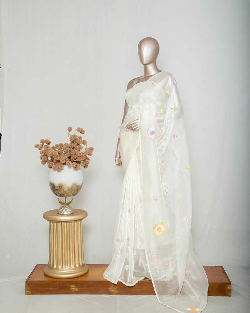 Ivory Crystal Organza Saree SAN4343
