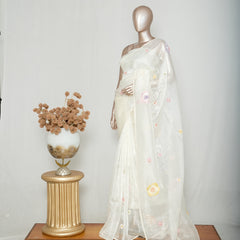 Ivory Crystal Organza Saree SAN4343