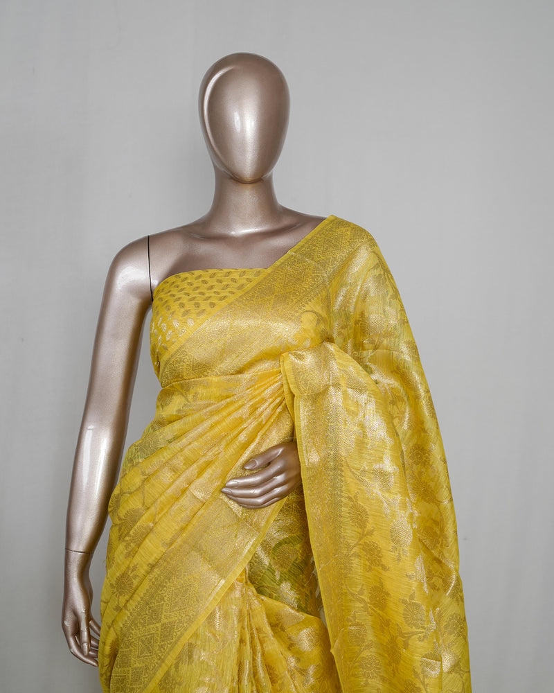 ⁠Linen Silk Saree with Banarasi Weaving  SAN4061