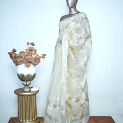 Ivory Organza Saree with Golden Appliqué – Elegant Semi-Turkish Finish SAN5333