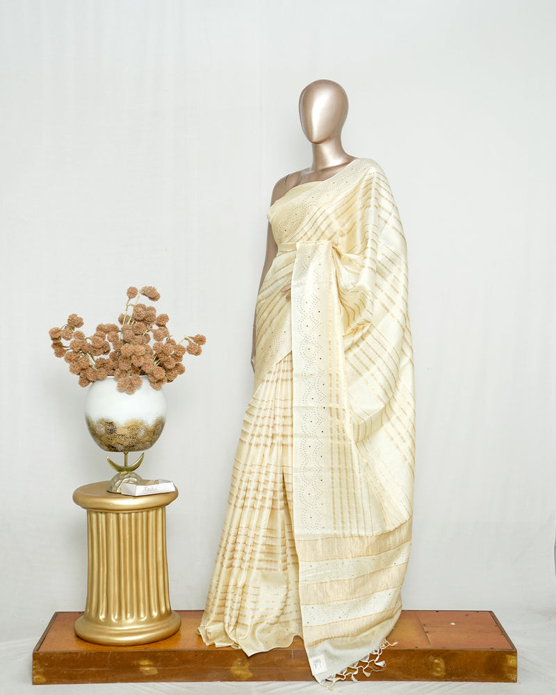 Ivory Tussar Silk Saree with Mukesh Handwork Border & Elegant Pallu SAN4852