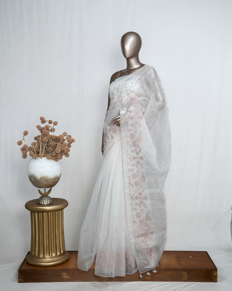 White Organza Saree with  Mauve Appliqué Embroidery & Scalloped Finish  SAN5308