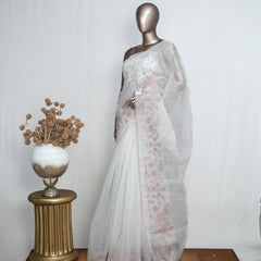 White Organza Saree with  Mauve Appliqué Embroidery & Scalloped Finish  SAN5308