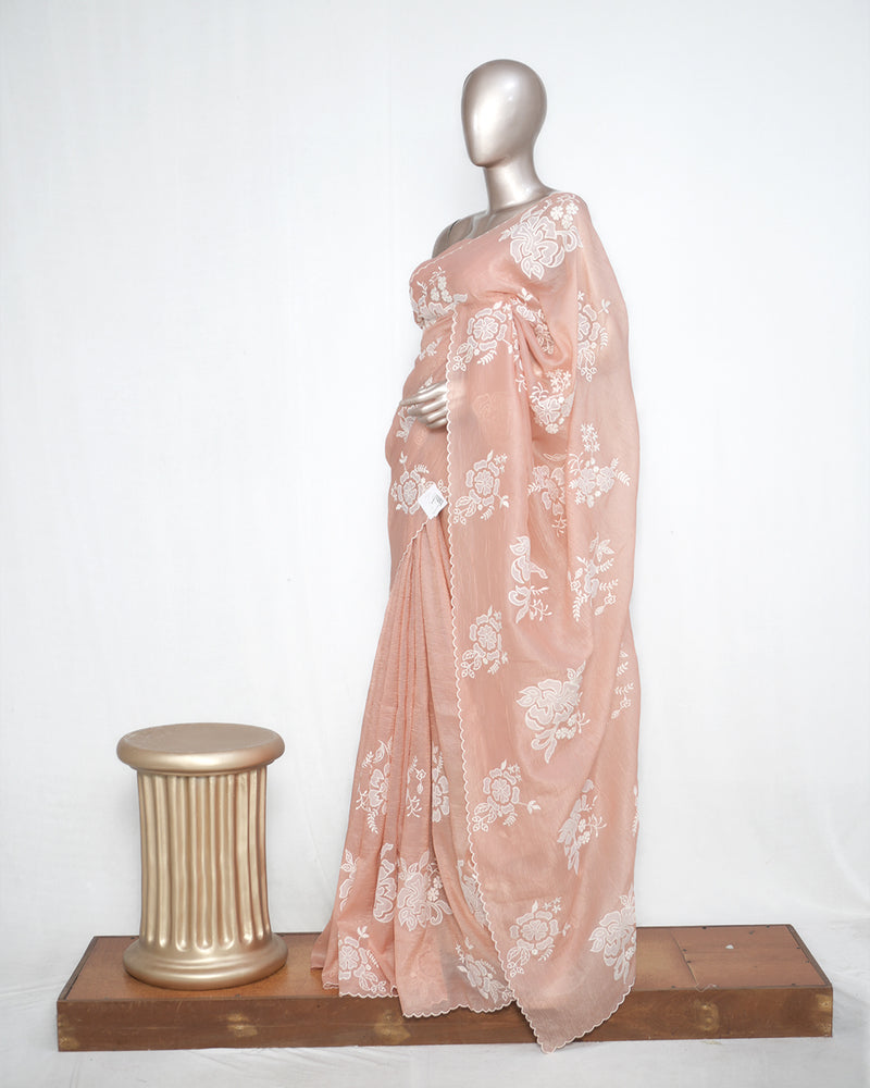 Blush Peach Crushed Organza Saree – Floral Elegance  SAN3991
