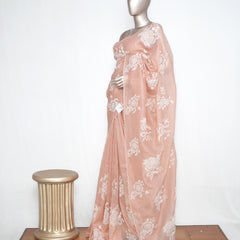 Blush Peach Crushed Organza Saree – Floral Elegance  SAN3991