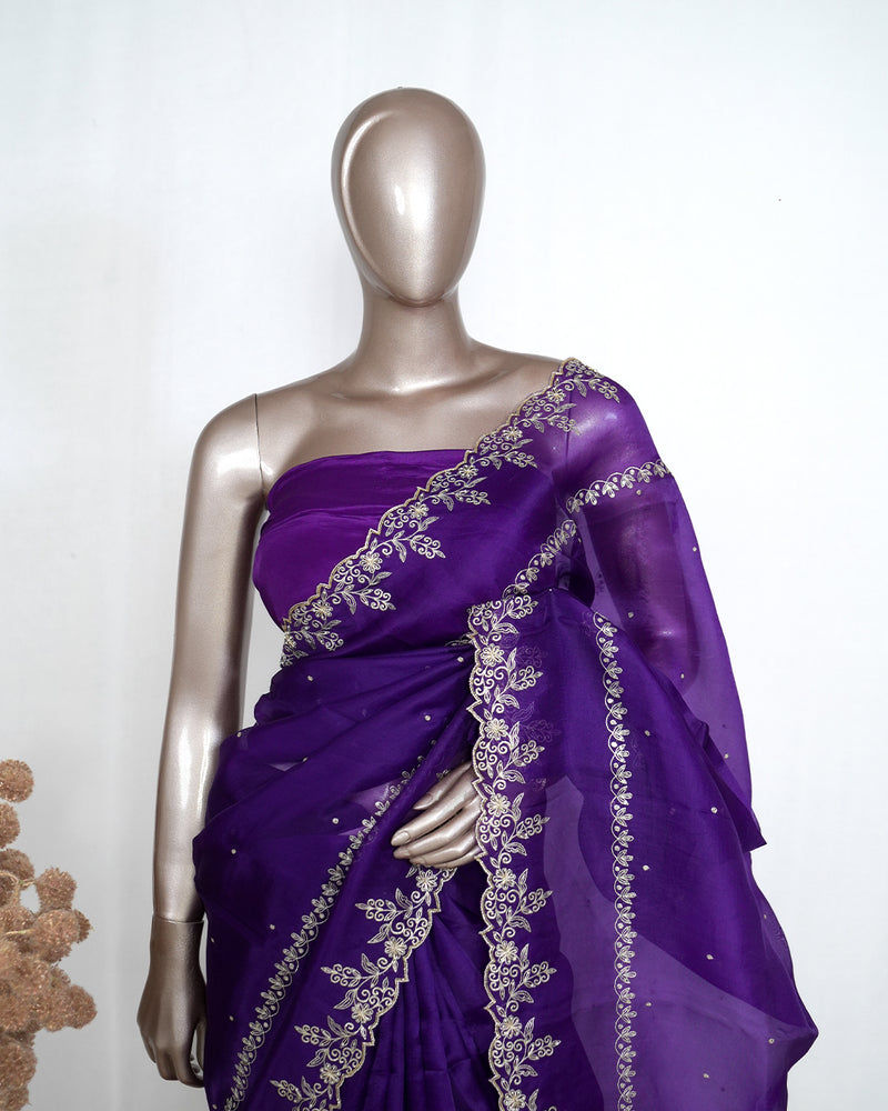 Deep Violet Pure Organza Embroidered Saree SAN4871