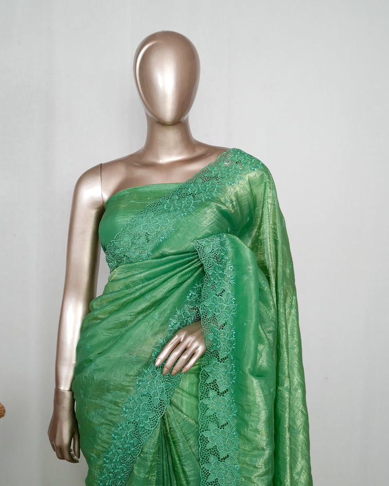 Shimmer Crushed Satin _ Crushed Tissue EMB Saree (₹4300) B 004119