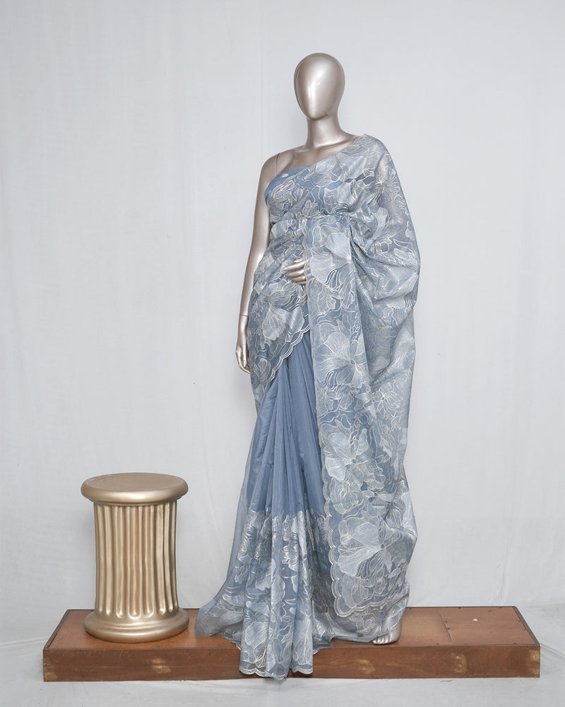 Powder Blue Organza Saree with Floral Silver & Gold Hand Embroidery SAN5300