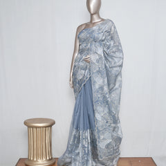 Powder Blue Organza Saree with Floral Silver & Gold Hand Embroidery SAN5300