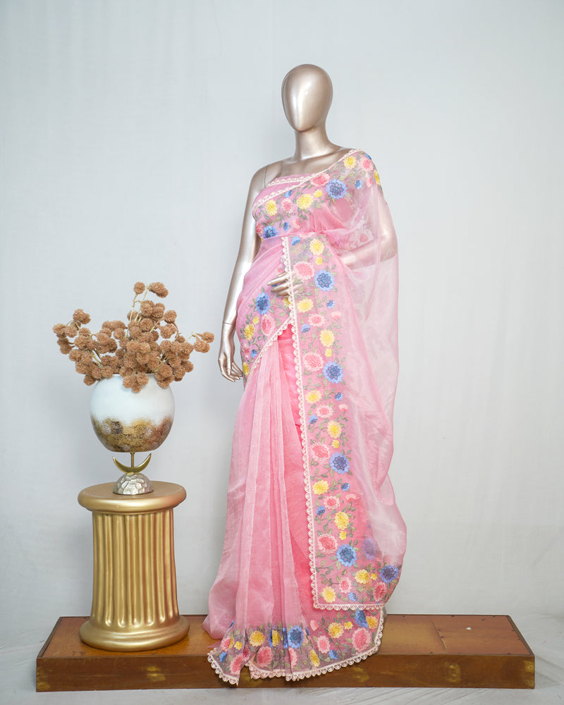 Pink Organza Saree with Floral Thread Embroidery SAN4320