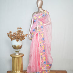 Pink Organza Saree with Floral Thread Embroidery SAN4320