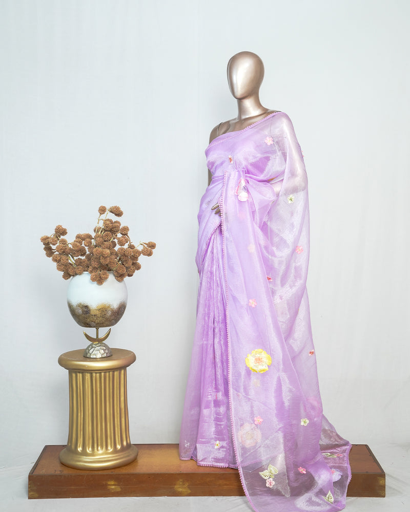 Lilac Organza Saree with Floral Thread Embroidery  SAN4349