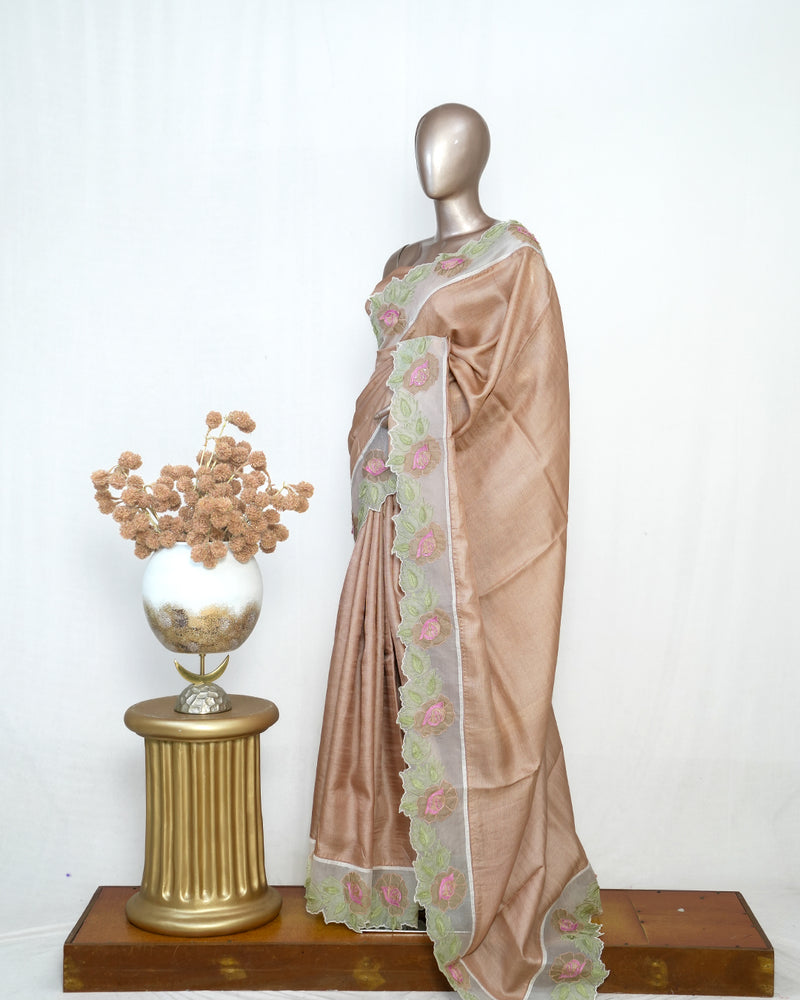 Nude Pure Tusser Silk Saree with Organza Embroidered Border  SAN4950