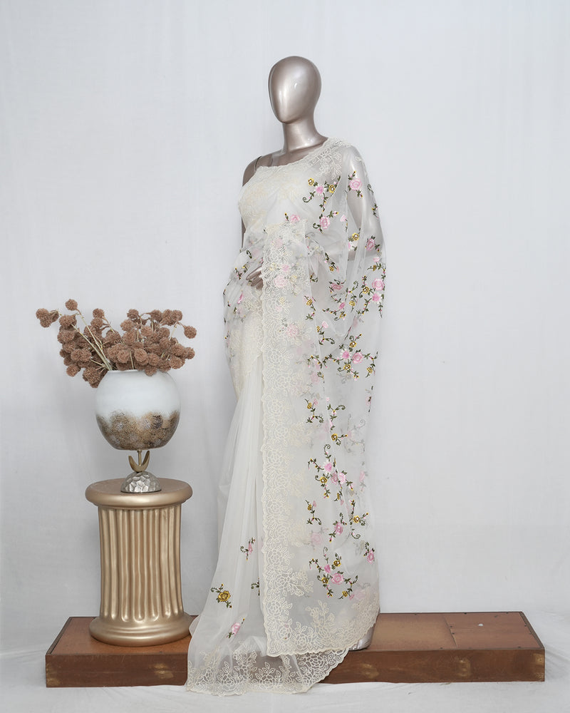 Offwhite Floral Embroidered Organza Saree – Timeless Grace  SAN4955