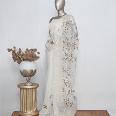Offwhite Floral Embroidered Organza Saree – Timeless Grace  SAN4955