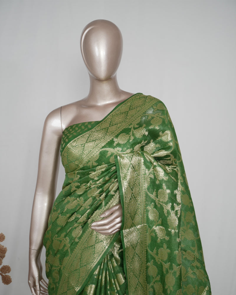 ⁠Linen Silk Saree with Banarasi Weaving  SAN4059