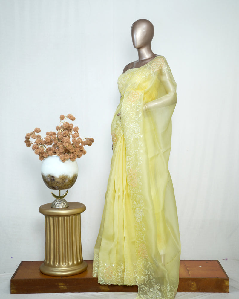 Yellow Organza Saree with Floral Thread Embroidery SAN4934