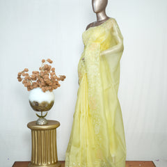 Yellow Organza Saree with Floral Thread Embroidery SAN4934
