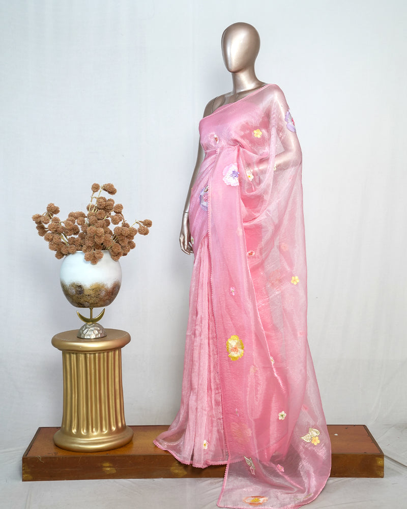 Pink Organza Saree with Floral Thread Embroidery  SAN4348