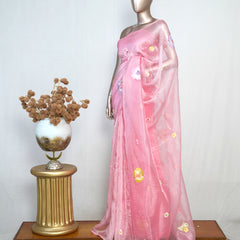 Pink Organza Saree with Floral Thread Embroidery  SAN4348
