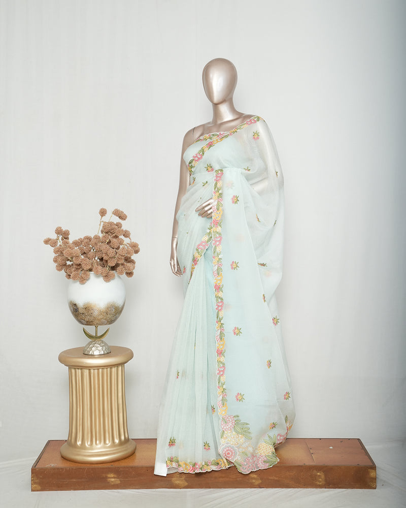 Ice Blue Crushed Organza Saree SAN4341