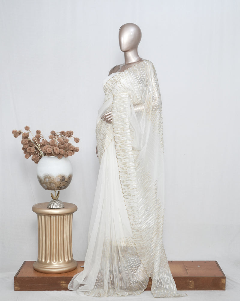 Offwhite & Gold Textured Organza Saree – Modern Minimal Elegance SAN4954