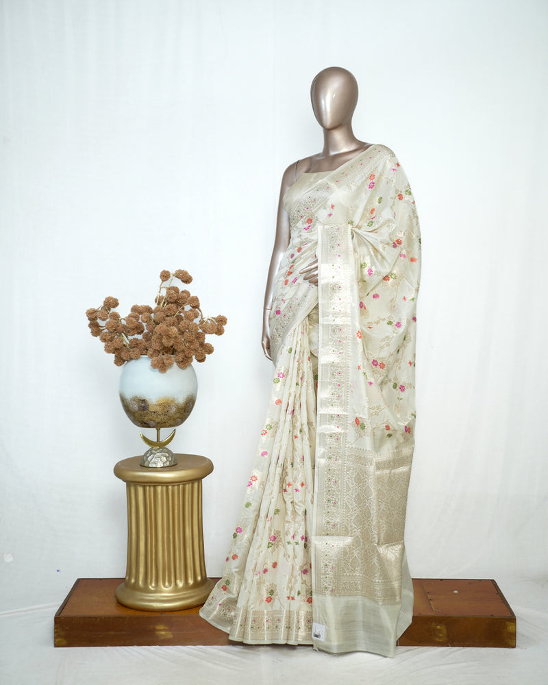 Ivory Banarasi Chanderi Saree with Meenakari Floral Weaving  SAN4387