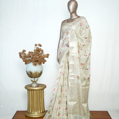 Ivory Banarasi Chanderi Saree with Meenakari Floral Weaving  SAN4387