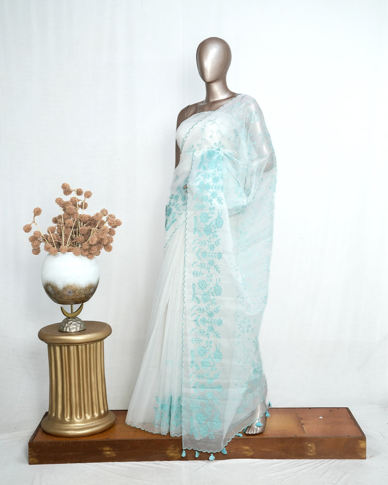 White Organza Saree with Blue Appliqué Embroidery & Scalloped Finish SAN5308