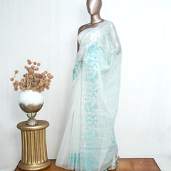 White Organza Saree with Blue Appliqué Embroidery & Scalloped Finish SAN5308