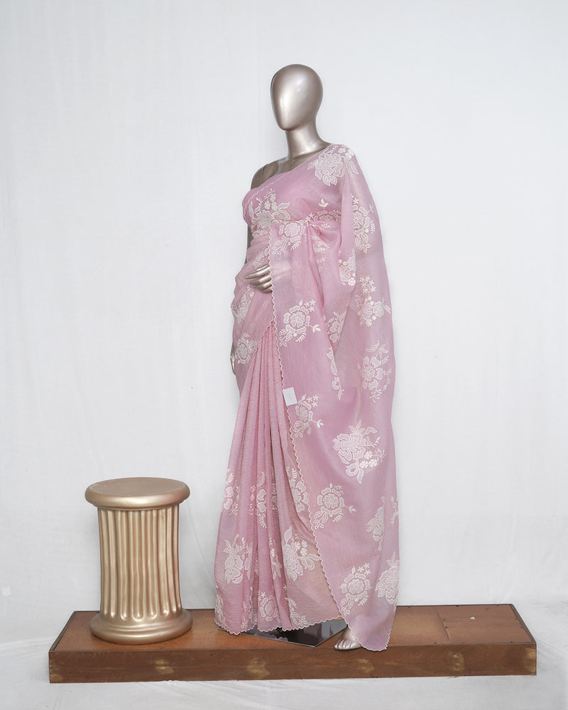 Blush Pink Crushed Organza Saree – Floral Elegance  SAN3997