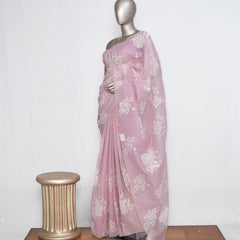 Blush Pink Crushed Organza Saree – Floral Elegance  SAN3997