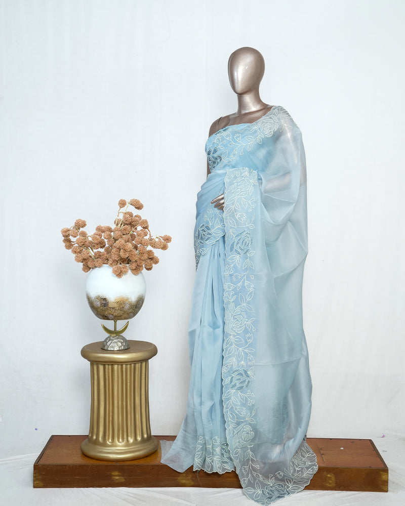 Blue Organza Saree with Floral Thread Embroidery SAN4934