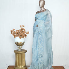 Blue Organza Saree with Floral Thread Embroidery SAN4934