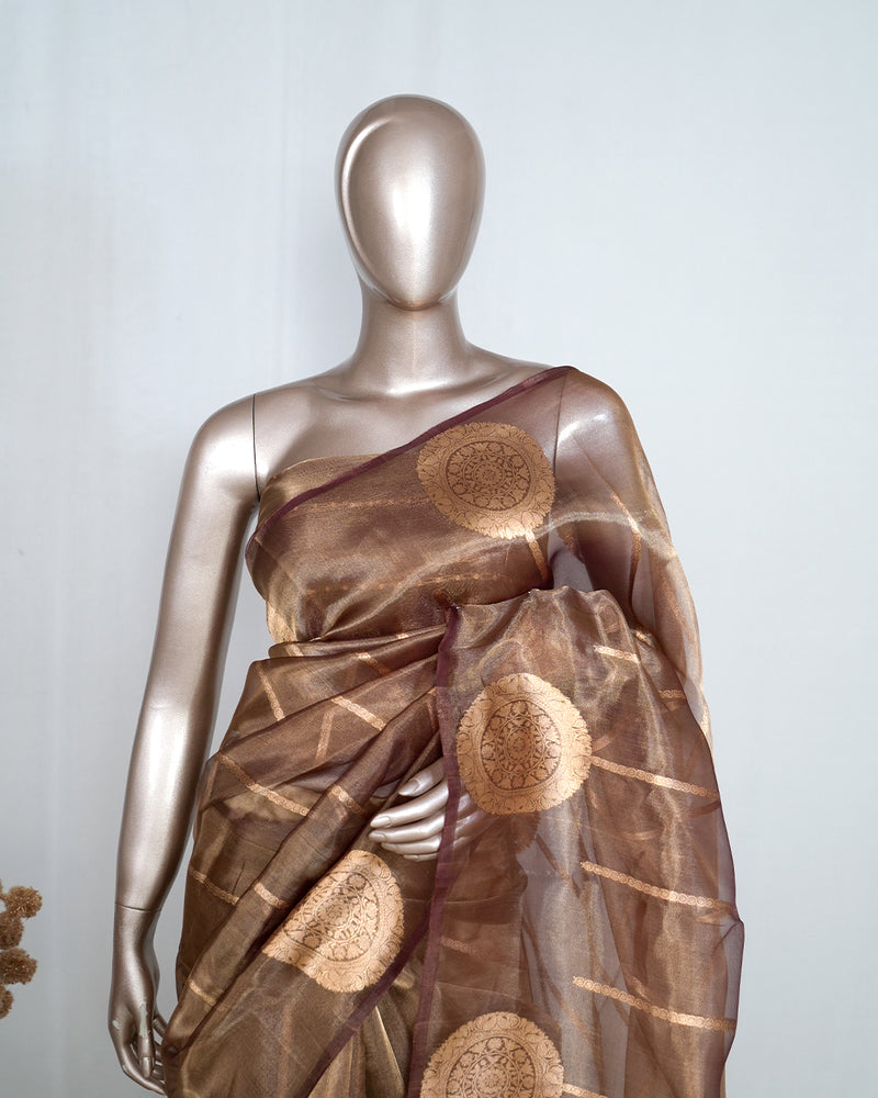 Copper Brown Pure Golden Tissue Silk Saree SAN4738