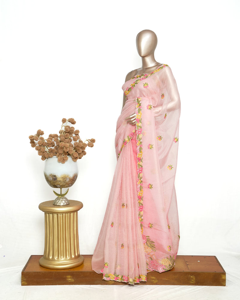 Peach Organza Saree with Floral Thread Embroidery  SAN4338