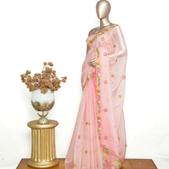 Peach Organza Saree with Floral Thread Embroidery  SAN4338