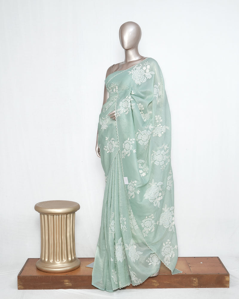 Sea green Crushed Organza Saree – Floral Elegance SAN3993