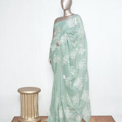 Sea green Crushed Organza Saree – Floral Elegance SAN3993