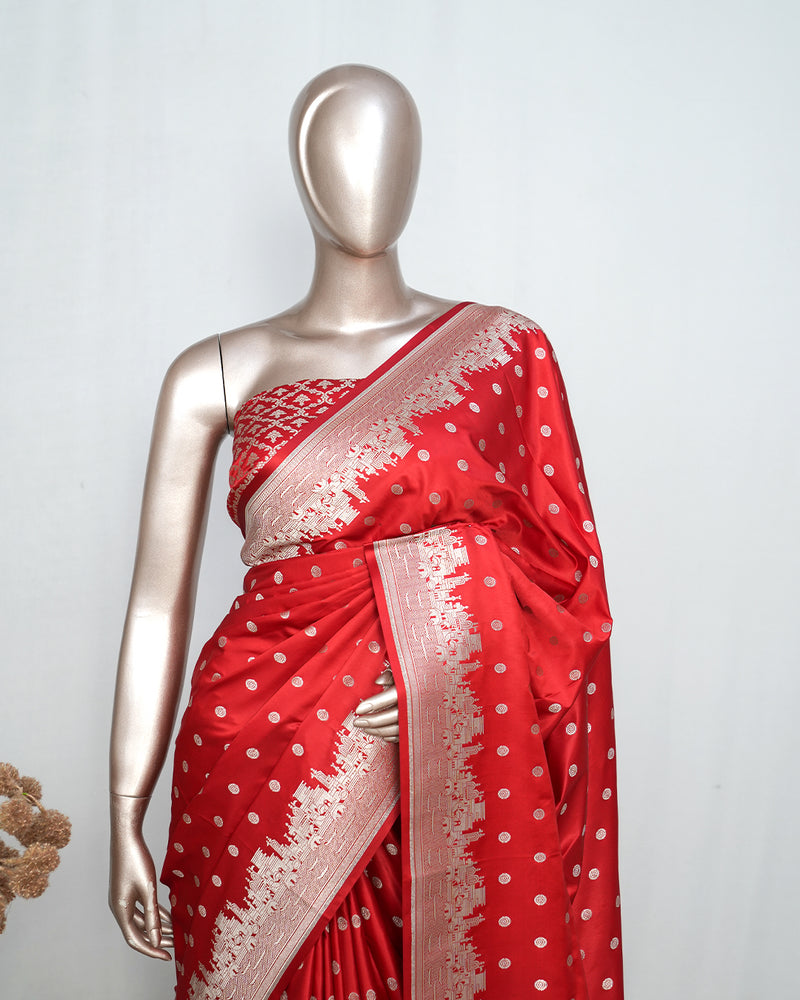 Coral Red Banarasi Silk Saree – Classic Zari Heritage SAN5287