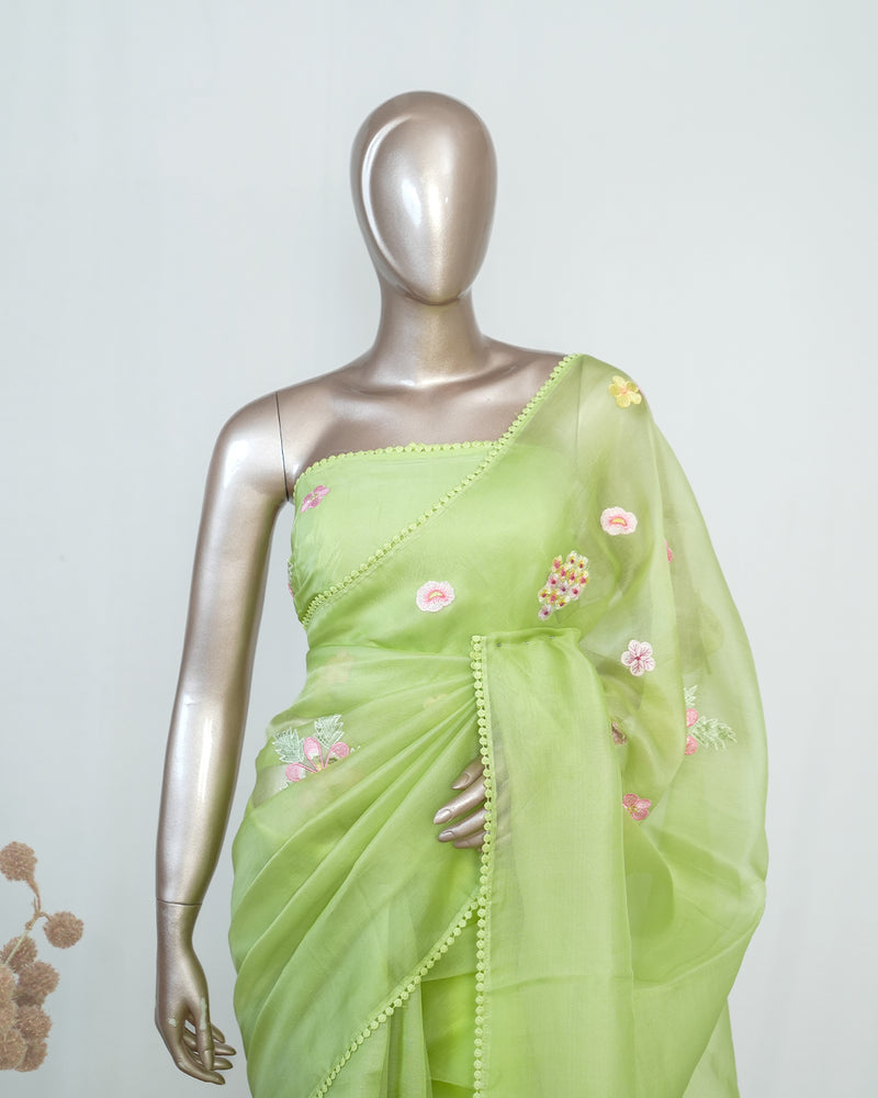 Parrot Green Organza Saree with 3D Appliqué Embroidery SAN4865