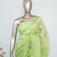 Parrot Green Organza Saree with 3D Appliqué Embroidery SAN4865