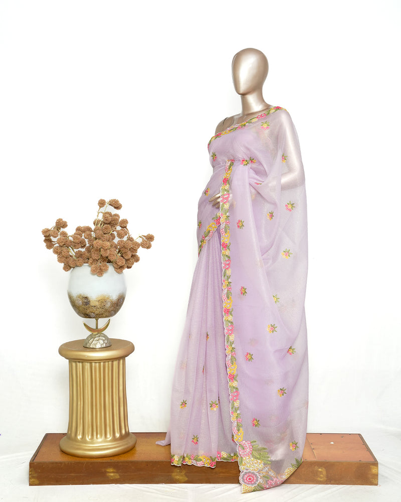 Lavender Organza Saree with Floral Thread Embroidery SAN4340