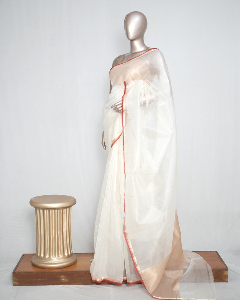Pure Kora Organza Saree – Ivory Gold Elegance  SAN4729