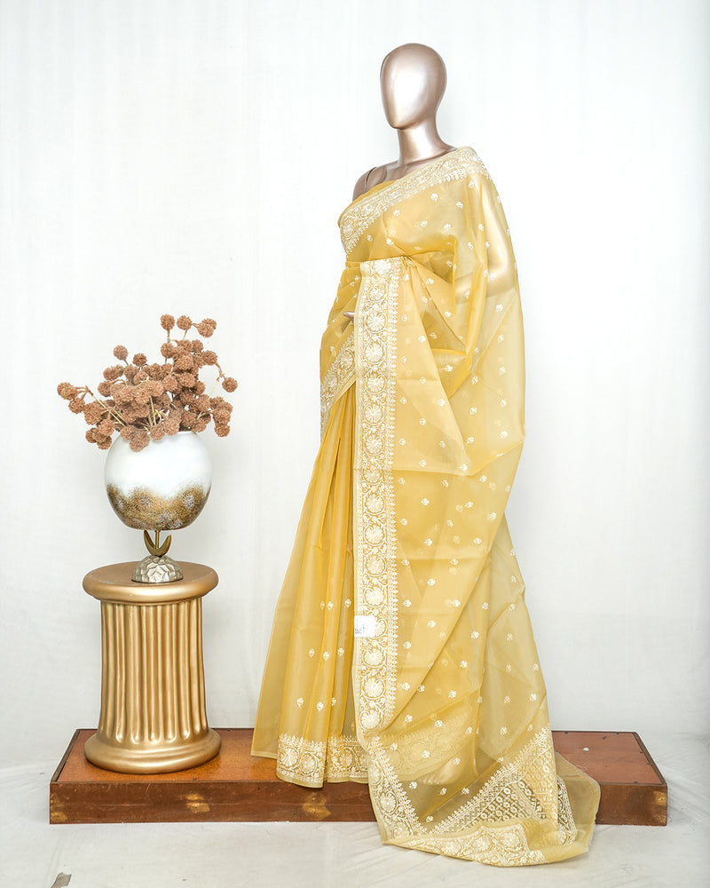 Muted pastel yellow Organza Saree  Q SAN5312