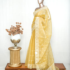 Muted pastel yellow Organza Saree  Q SAN5312