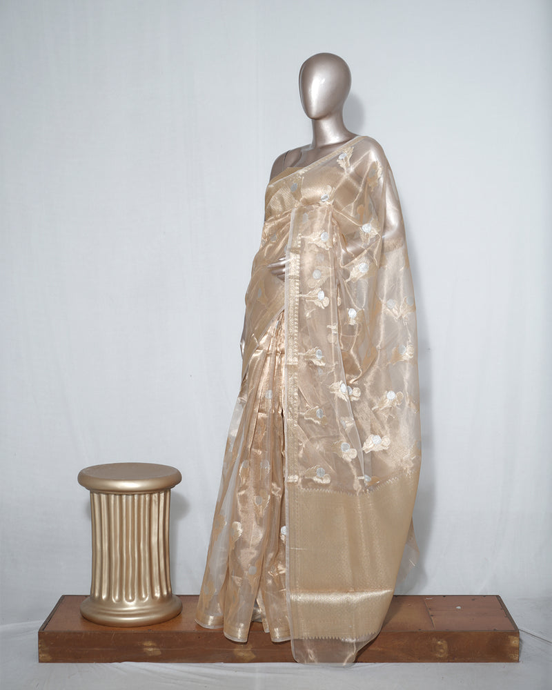 Champagne Gold Pure Tissue Silk Saree – Radiant Elegance in Every Drape  SAN4375